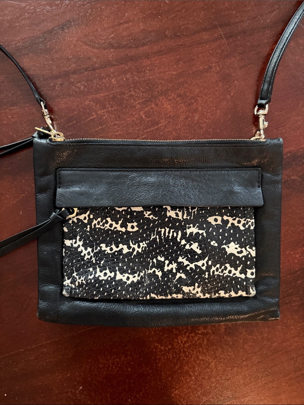 Coach Black Leather Crossbody with Black & White Patterned Front Pocket